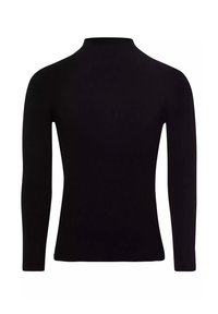 Schwarzes Langarm-Turtleneck-Oberteil mit schmaler Passform. Hergestellt aus strukturiertem Stoff, verfügt über einen hohen Halsausschnitt und eine glatte Silhouette.