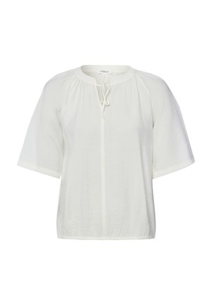 Biała bluzka z krótkim rękawem, okrągłym dekoltem, wiązaniem z przodu, subtelnymi marszczeniami i elastycznym dołem.