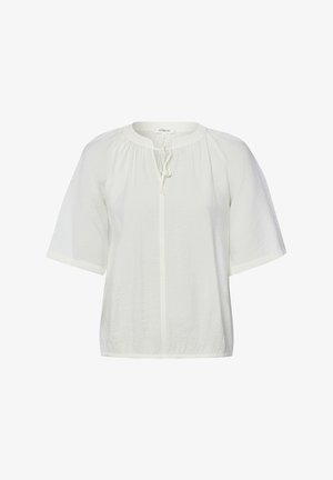 Biała bluzka z krótkim rękawem, okrągłym dekoltem, wiązaniem z przodu, subtelnymi marszczeniami i elastycznym dołem.