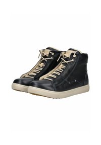Zapatillas altas de cuero azul marino con cordones beige y un cuello acolchado. Presentan una suela de goma y un discreto detalle de costura.