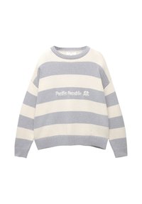 Maglione a righe grigie e crema con scollo rotondo. Presenta polsini e orlo a costine, e ricamo frontale con la scritta "Pacific Republic."