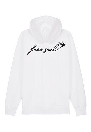 Sweat à capuche blanc en mélange de coton, avec le texte brodé en noir "free soul" accompagné d'un motif d'oiseau. Manches longues et capuche avec cordon de serrage.