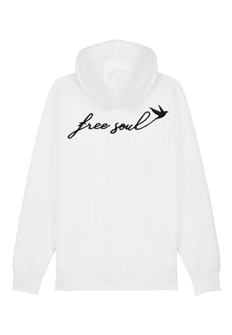 Hoodie bianco in misto cotone, con stampa nera ricamata "free soul" accompagnata da un design di un uccello. Maniche lunghe e cappuccio con coulisse.