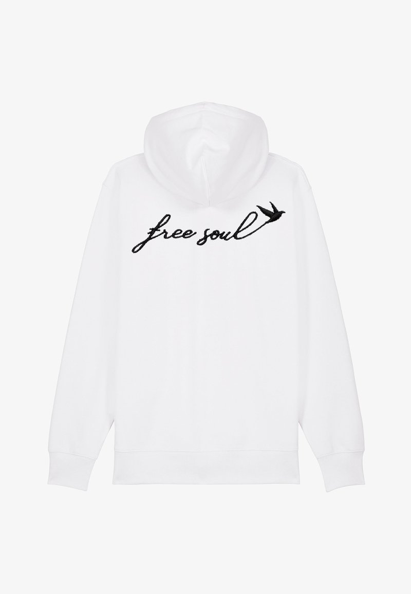 Biela mikina vyrobená z bavlnenej zmesi, s čiernym vyšitým textom "free soul" a dizajnom vtáka. Dlhé rukávy a kapucňa so sťahovacou šnúrkou.
