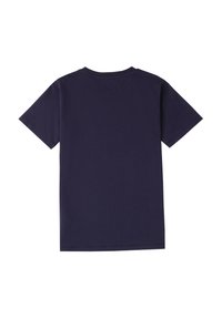 Camiseta de manga corta azul marino con cuello redondo y textura lisa. Sin patrones visibles ni detalles en la parte de atrás.