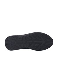 Black rubber shoe sole featuring a textured, geometric tread pattern. Includes embossed branding and size detail near the heel.