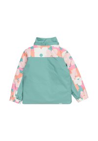 Mintgrön jacka med en blommönstrad ok i rosa, vitt och turkos. Har elastiska manschetter och hög krage, mjuk textur.