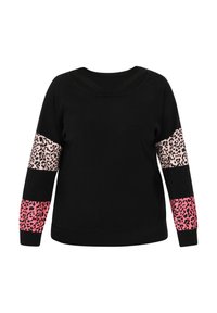 Schwarzer Sweatshirt mit langen Ärmeln, pinken und Tierdruck-Akzenten, rundem Ausschnitt und weichem Material. Einfaches Design mit kontrastierenden Farben.