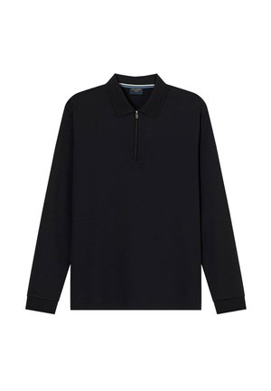 Black long-sleeve polo shirt with a zippered collar. Made of soft fabric, featuring fitted cuffs and a straight hem. Plain design.