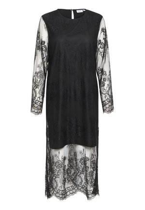 Czarna sukienka z długimi koronkowymi rękawami i przezroczystą koronkową warstwą, z okrągłym dekoltem i wykończeniem w stylu high-low, ozdobiona kwiatowymi wzorami.