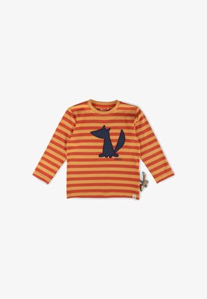 Langarmhemd mit horizontalen roten und orangefarbenen Streifen. Mit einem Design eines marineblauen Fuchses und einem Stoffetikett an der Seite. Aus Baumwollmaterial.