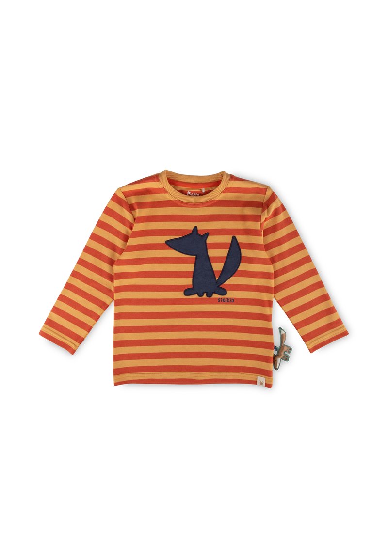 Langarmhemd mit horizontalen roten und orangefarbenen Streifen. Mit einem Design eines marineblauen Fuchses und einem Stoffetikett an der Seite. Aus Baumwollmaterial.