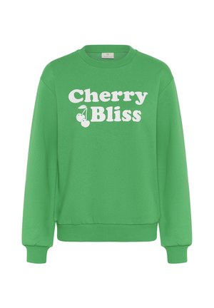 Hele-rohelise pikakarvaline pusa, millel on ees valged sõnad "Cherry Bliss" ja kahe kirsi pilt, soonikuga varrukaotsad ja alläär.