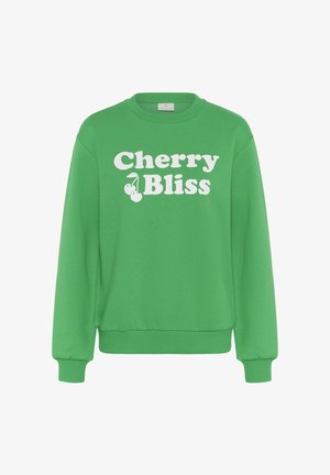 Hele-rohelise pikakarvaline pusa, millel on ees valged sõnad "Cherry Bliss" ja kahe kirsi pilt, soonikuga varrukaotsad ja alläär.