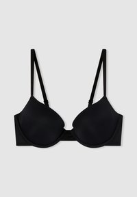 Reggiseno nero con ferretti, caratterizzato da coppe lisce e imbottite, spalline regolabili e un design senza cuciture per un fit confortevole.