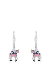 Orecchini d'argento con unicorni rosa dotati di ali viola e corone gialle. Ogni unicorno si erge su zoccoli neri, decorato con smalto colorato.