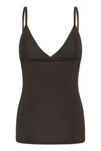 Camisola senza maniche di colore marrone scuro con spalline sottili regolabili e scollo a V.