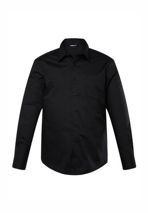 Black long-sleeve button-up shirt made of smooth fabric. Features a classic collar, six front buttons, and a chest pocket on the left side.