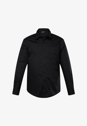 Camisa negra de manga larga con botones, fabricada en un tejido suave. Presenta un cuello clásico, seis botones frontales y un bolsillo en el pecho del lado izquierdo.
