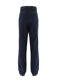 Marineblaue Hose aus strukturiertem Stoff, mit geradem Schnitt, zwei Gesäßtaschen mit Knöpfen und einem Bund mit Gürtelschlaufen.