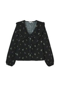 Blouse noire avec imprimé floral, présentant un col volanté et une fermeture à boutons. Manches longues avec poignets froncés, fabriquée en tissu léger.
