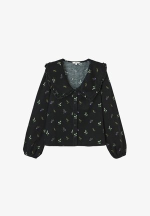 Blouse noire avec imprimé floral, présentant un col volanté et une fermeture à boutons. Manches longues avec poignets froncés, fabriquée en tissu léger.