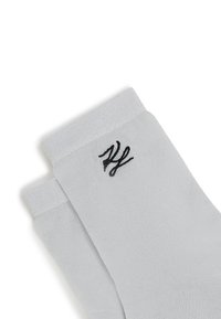 Chaussettes de cheville gris clair au toucher lisse. Présentent un logo brodé noir sur le revers et un léger éclat métallique.