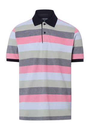 Herren Kurzarm-Poloshirt mit horizontalen Streifen in Pink, Hellgrau, Dunkelgrau und Weiß, mit schwarzem Kragen und Knopfleiste.