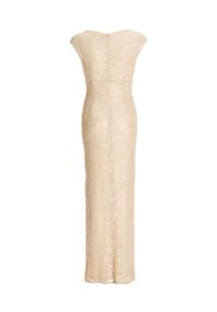 Robe beige longue sans manches avec broderie florale, silhouette ajustée et col montant vue de dos.