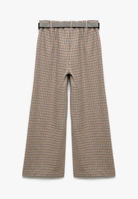 Szerokie spodnie w wzór houndstooth, w odcieniach brązu, pomarańczu i niebieskiego. Wykończone czarnym paskiem i elastycznym paskiem w talii.