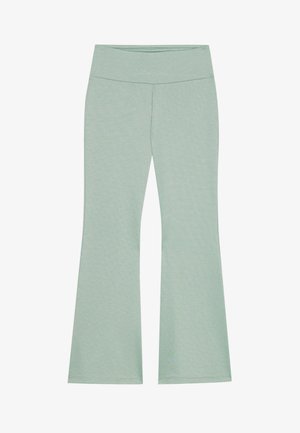 Lys grønne buksestykker med vidde, lavet af blødt, struktureret stof. Har et diskret heather-mønster over det hele.