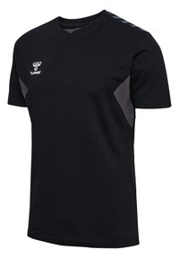 Svart t-shirt med korta ärmar i bomull, med grå sidpanelen, rundad halsringning och en liten logotyp på bröstet.