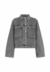 Giacca di jeans grigia a crop con maniche lunghe, chiusura con bottoni frontali, due grandi tasche sul petto e colletto classico.
