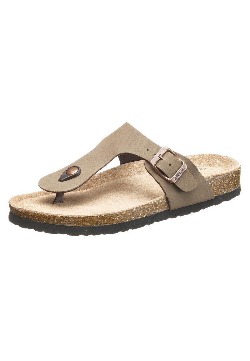 Brune faux suede sandal med vristrem og justerbar metalspænde, kork sål og sort gummisål, der har en lille dekorativ detalje.