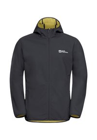 Veste softshell noire avec fermeture éclair et capuche, dotée d'une doublure intérieure jaune et d'un logo sur la poitrine gauche, conçue pour une utilisation en extérieur.