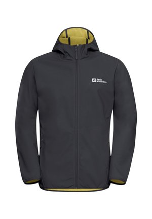 Schwarze Softshelljacke mit Reißverschluss und Kapuze, ausgestattet mit einem gelben Innenfutter und Logo auf der linken Brust, entworfen für den Einsatz im Freien.