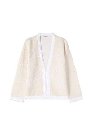 Cardigan crema a trama, aperto sul davanti, con delicati motivi a foglie e bordi bianchi su scollo, polsini e orlo.