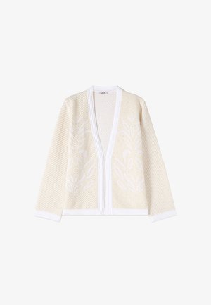 Cardigan crema a trama, aperto sul davanti, con delicati motivi a foglie e bordi bianchi su scollo, polsini e orlo.