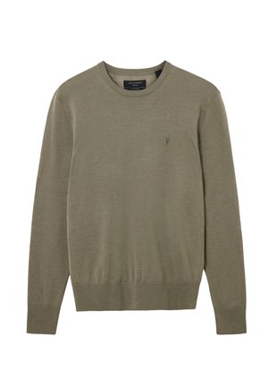Olijfgroene crewneck trui van soepel breiwerk, met lange mouwen, ribgebreide zoom en een klein geborduurd logo op de borst.