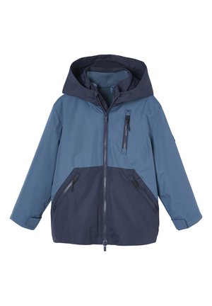 Helle und marineblaue Kapuzenjacke aus leichtem, wasserabweisendem Material. Verfügt über Reißverschlusstaschen und einen durchgängigen Frontreißverschluss.