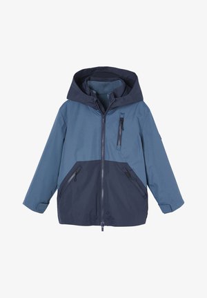 Helle und marineblaue Kapuzenjacke aus leichtem, wasserabweisendem Material. Verfügt über Reißverschlusstaschen und einen durchgängigen Frontreißverschluss.