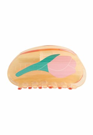Translucent orange hair claw clip with a pink and green tulip design on one side.