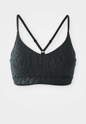 Čierny športový podprsenka so vzorom leopardích škvŕn, s hlbokým výstrihom do V, nastaviteľnými ramienkami a pevným pásom na spodnej časti.