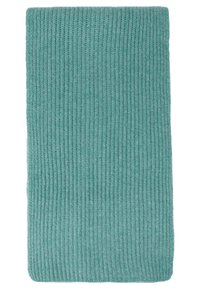 Sciarpa a maglia a coste di colore teal. Texture morbida con una forma rettangolare allungata, caratterizzata da cuciture uniformi in tutto il pezzo.