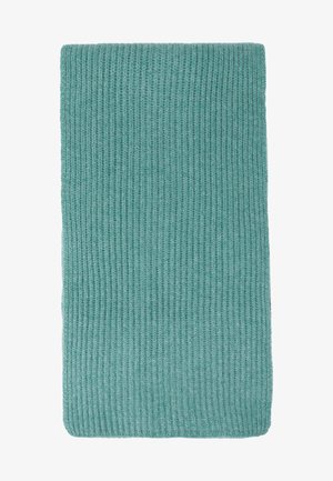 Sciarpa a maglia a coste di colore teal. Texture morbida con una forma rettangolare allungata, caratterizzata da cuciture uniformi in tutto il pezzo.