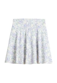 Blumiger Rock mit einem hellen Pastellblau und weißen Muster. Ausgestelltes Design mit einem glatten, leichten Stoff und einem breiten Taillenbund.