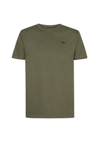Tricou din bumbac verde măsliniu, cu guler rotund, mâneci scurte, cu un mic logo negru pe partea stângă a pieptului, croială standard, textură netedă.