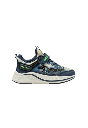 Sneaker per bambini blu e beige con grafica scheletro di dinosauro, scritta verde "BULL BOYS", cinturino in velcro e suola bianca spessa.
