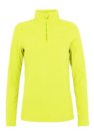 Žlutý fleecový svetr s vysokým límcem a čtvrtzipem na přední straně. Vyznačuje se hladkou texturou a decentním logem na hrudi. Dlouhé rukávy.