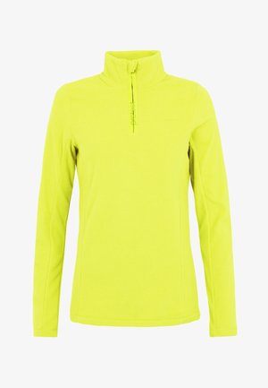 Žuti flis pulover s visokim ovratnikom i prednjim patentnim zatvaračem do četvrtine. Ima glatku teksturu i suptilno brendiranje na prsima. Dugi rukavi.